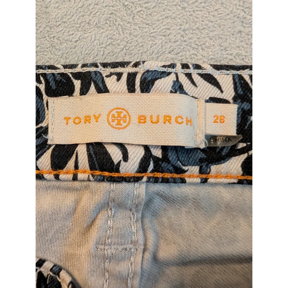 Tory Burch Blaire Printed Skinny Jeans Women's Size 26 Blue White Floral Stretch